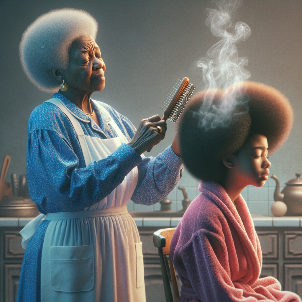 Create a realistic 3-D image of an african-American grandmother wearing a blue house dress and a white apron . She is in the kitchen with her african-American granddaughter. Her granddaughter is wearing a pink bath robe. The grandmother has a hot comb in her hand and she is straightening her granddaughters hair. One side of her granddaughters hair is in  a Afro the other straight 
There is smoke coming from the hot comb
The granddaughter is making a face as if to say grandma that hurt