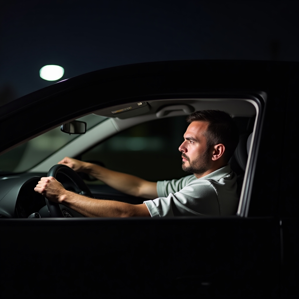 Man ridding car at night portrait