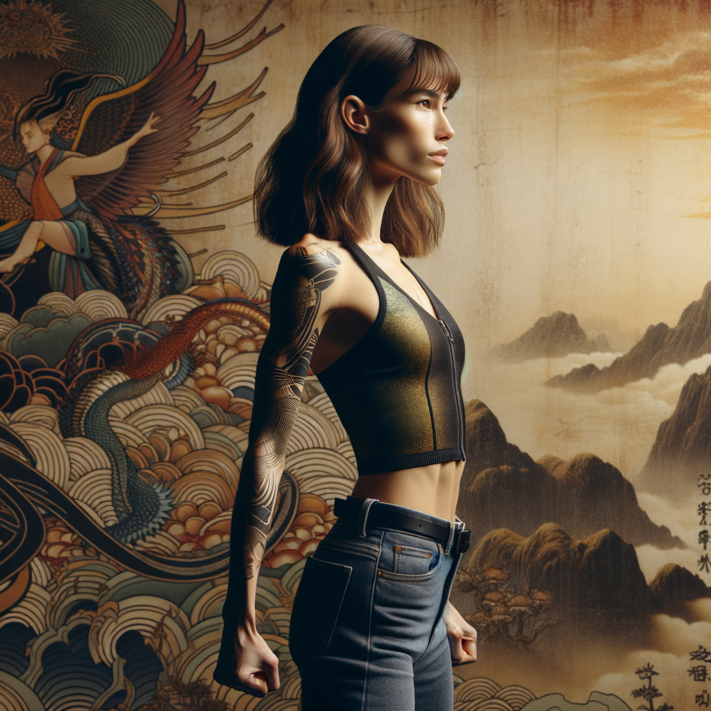 Athletic Thin skinny Attractive, Asian teenage girl, long brown hair and bangs, wearing tight skinny jeans and a halter top paint marks on her clothing, heroic pose Asian graffiti background, side view