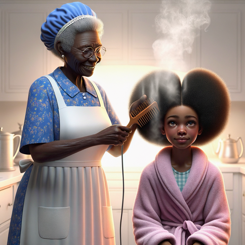 Create a realistic 3-D image of an african-American grandmother wearing a blue house dress and a white apron . She is in the kitchen with her african-American granddaughter. Her granddaughter is wearing a pink bath robe. The grandmother has a hot comb in her hand and she is straightening her granddaughters hair. One side of her granddaughters hair is in  a Afro the other straight 
There is smoke coming from the hot comb
The granddaughter is making a face