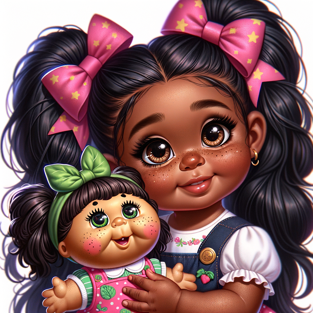 African-American girl with huge Hazel Brown eyes and long, black ponytails with Bows playing with African-American, cabbage Patch doll with huge dimples and freckles