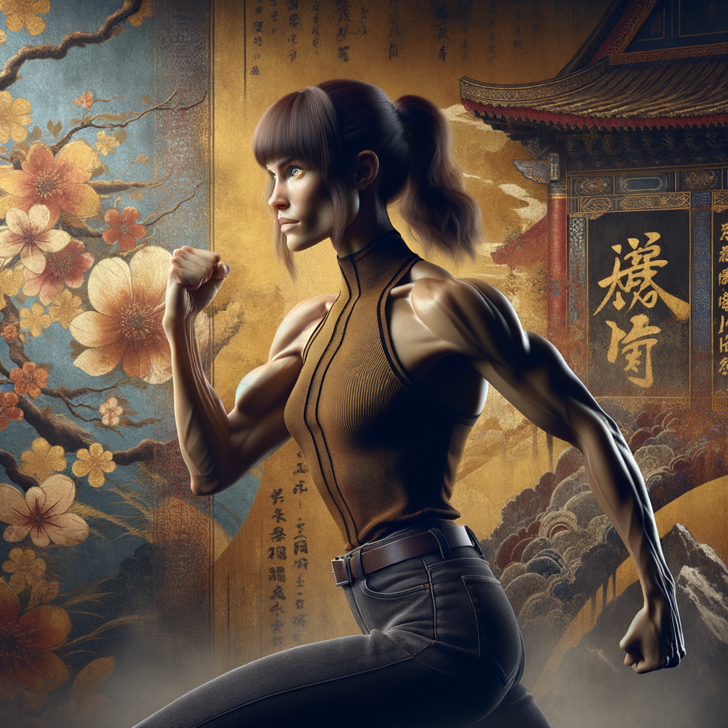 Athletic Thin skinny Attractive, Asian teenage girl, long brown hair and bangs, wearing tight skinny jeans and a halter top paint marks on her clothing, heroic pose Asian graffiti background, side view