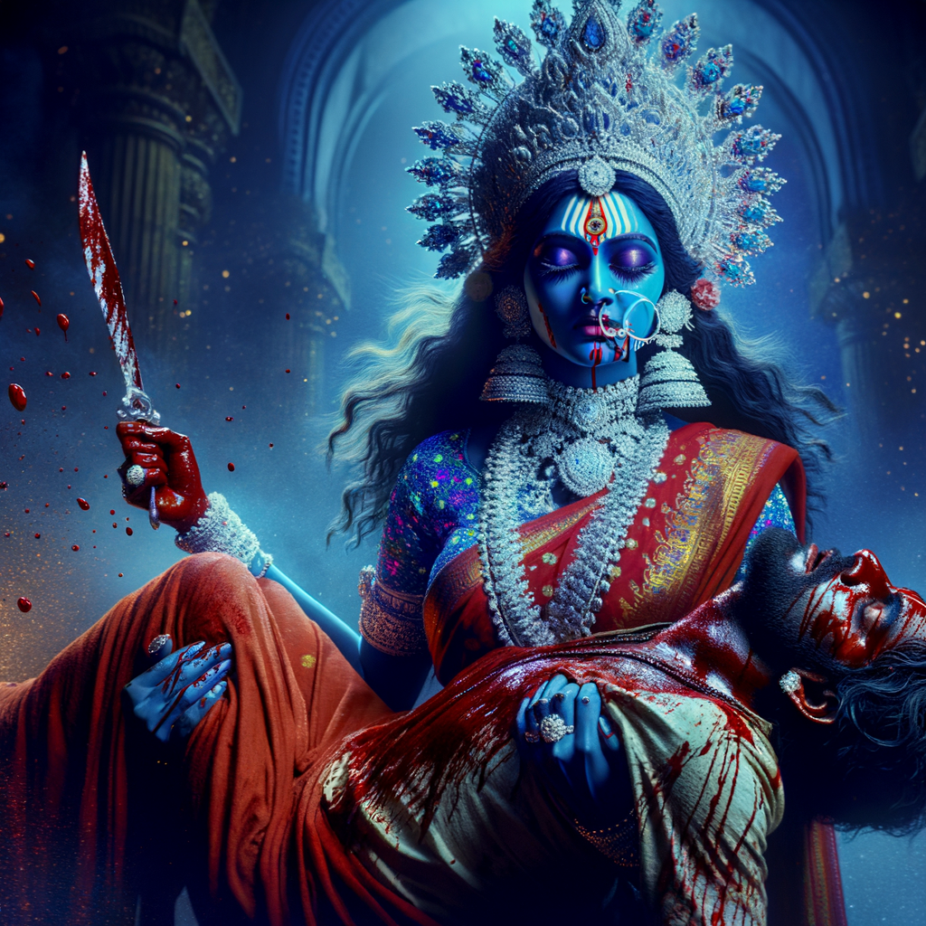 photography of angry looking, gorgeous goddess kali, blue skinned carrying a weak mahishasur in her two arms and stabbing him with her amazingly long red fingernails. She is wearing a huge silver crown, red saree, abundant silver jewelry, covered in blood. The scene is set in ancient India. The image is 8K resolution, cinematic, ultra detailed face and epic.