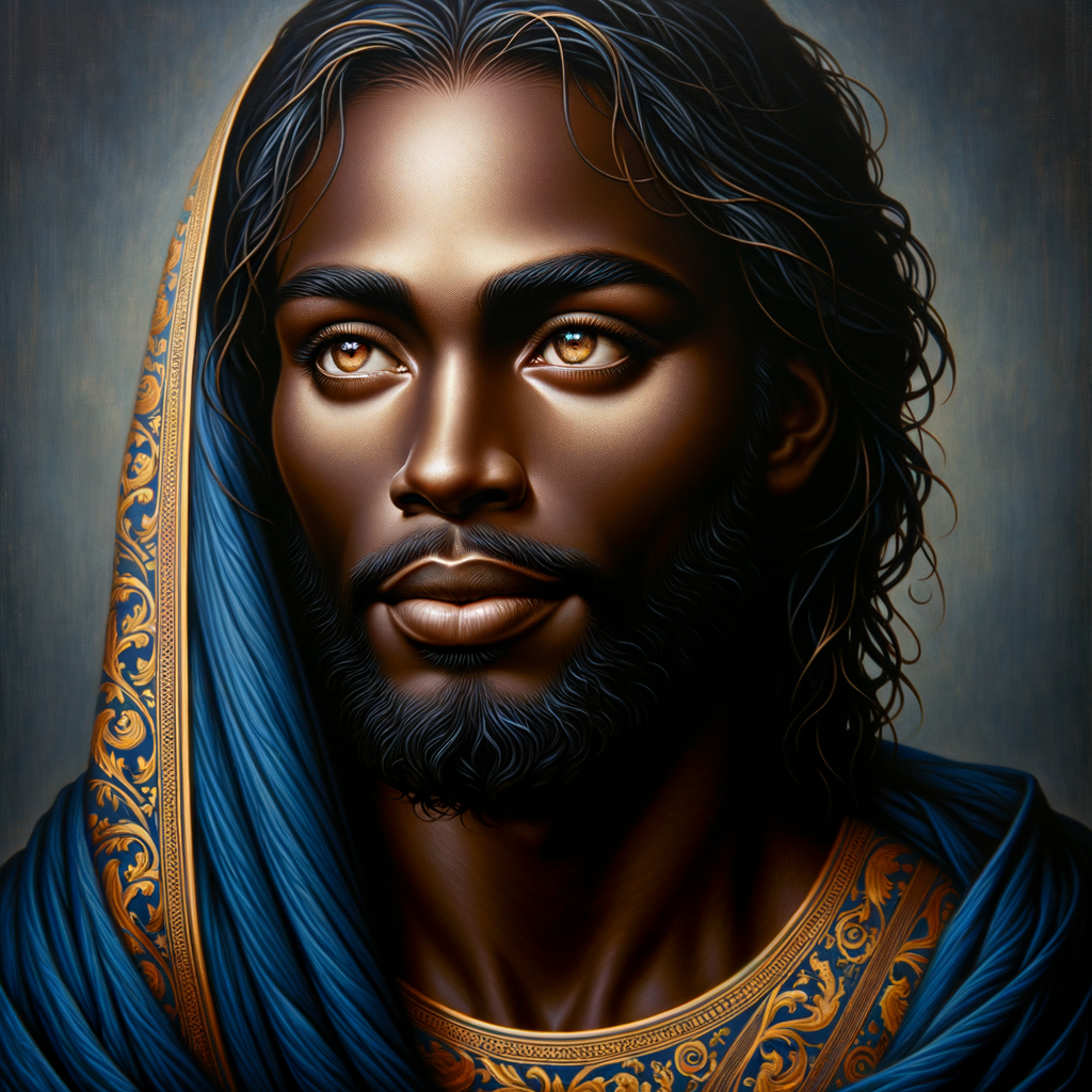 Create a beautiful African-American Jesus Christ with Hazel, brown eyes and blue and gold robe