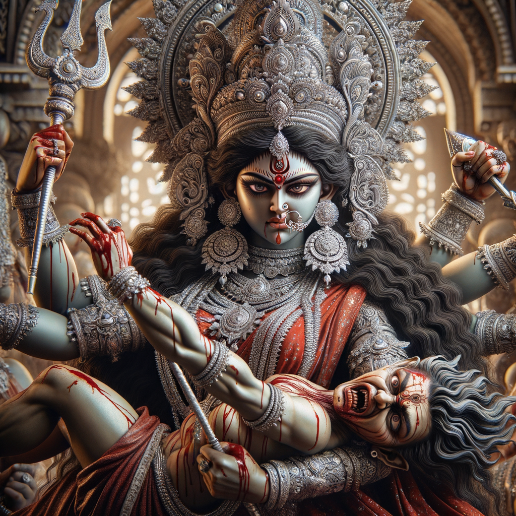 portrait of angry looking goddess durga  carrying a weak mahishasur in her two arms and stabbing him with her amazingly designed trident. She is wearing a huge silver crown, red saree, abundant silver jewelry, covered in blood. The scene is set in ancient India. The image is 8K resolution, cinematic, ultra detailed face and epic.