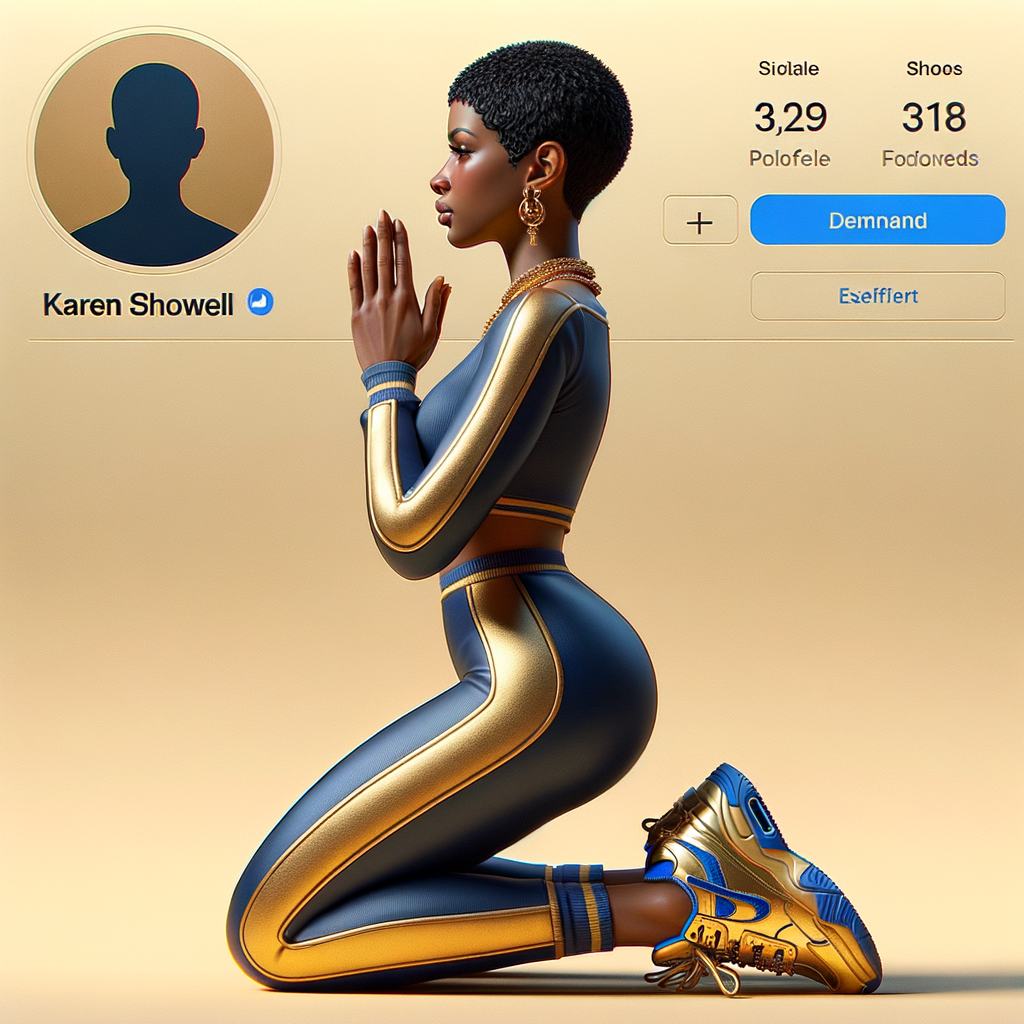 Create a 3D illustration of a realistic light skinned African-American woman on The remote her knees Praying , she has a black pixie cut haircut FACEBOOK social media with a FACEBOOK BACKGROUND . She is wearing a gold and blue jumpsuit and gold and blue Nike gym shoes. The background is a FACEBOOK social media profile with a user name “KAREN SHOWELL ” and profile FACEBOOK Cover