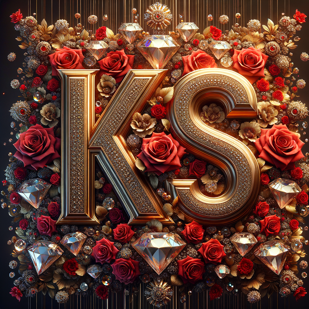 Create a 3-D realistic image with the letters  K.S. in gold raised letters and add some red roses. Add diamonds and colorful jewels