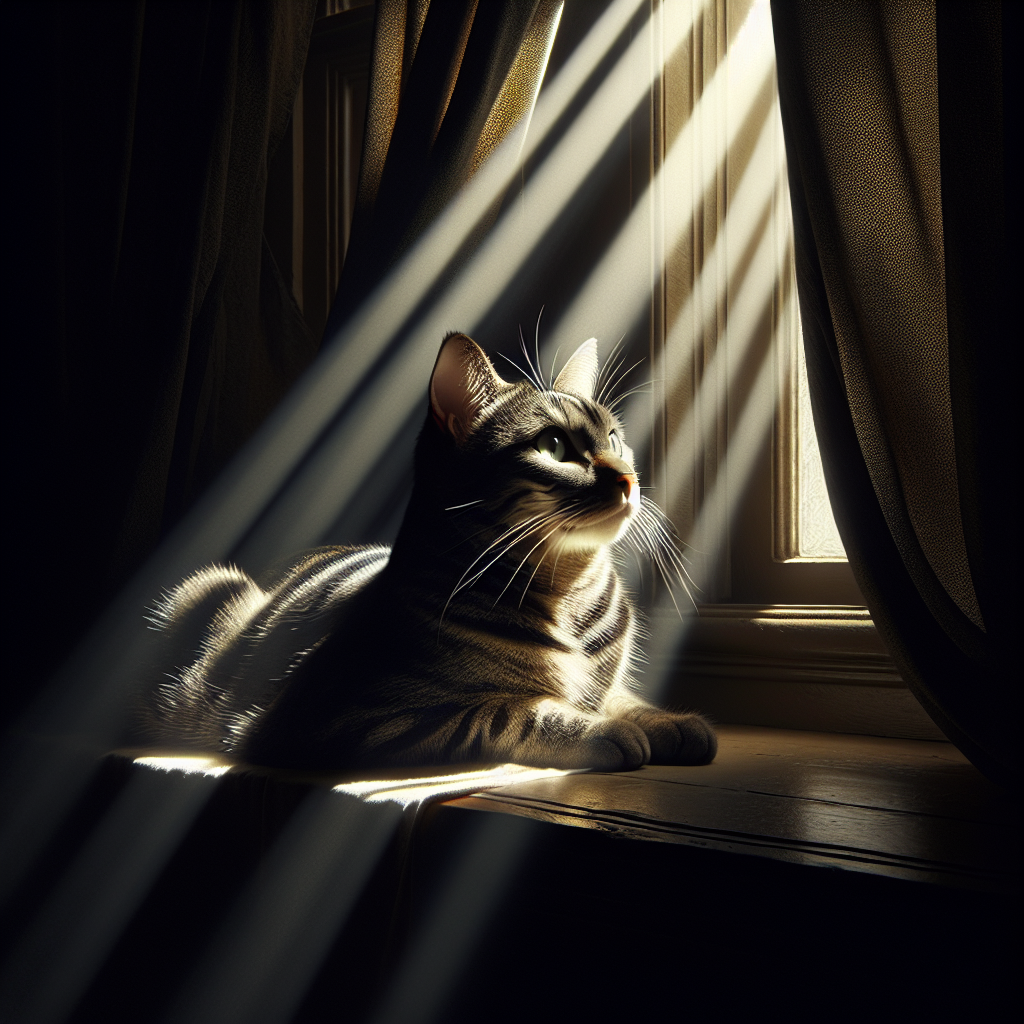 A cat sitting on a windowsill, its face lit by a shaft of light streaming through a slightly open curtain, creating a stark contrast with the dim room behind.