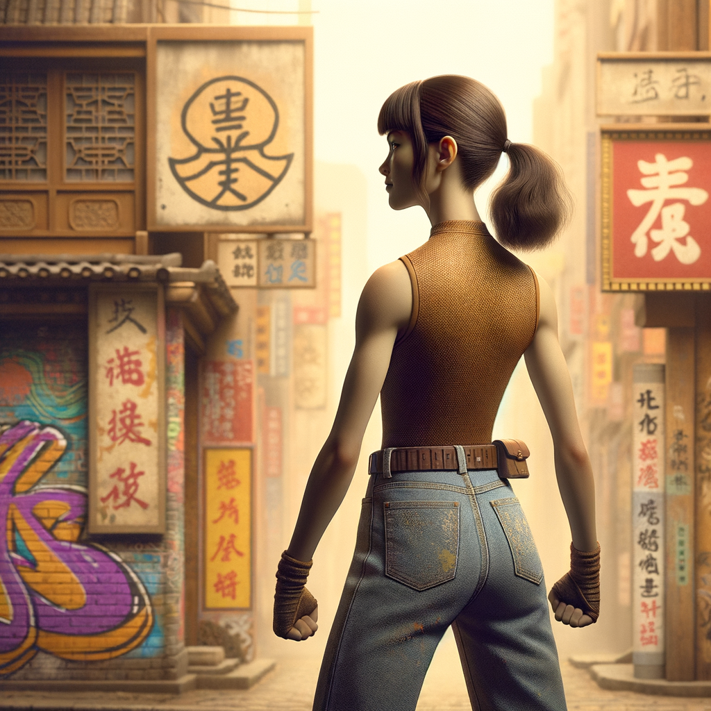 Athletic Thin skinny Attractive, Asian teenage girl, long brown hair and bangs, wearing tight skinny jeans and a halter top paint marks on her clothing, heroic pose Asian graffiti background, backside view