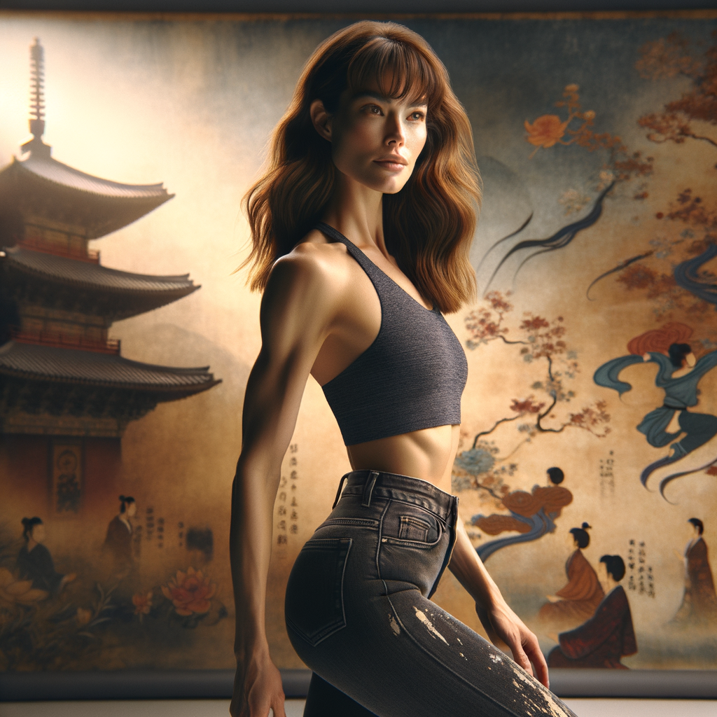 Athletic Thin skinny Attractive, Asian teenage girl, long brown hair and bangs, wearing tight skinny jeans and a halter top paint marks on her clothing, heroic pose Asian graffiti background, side view