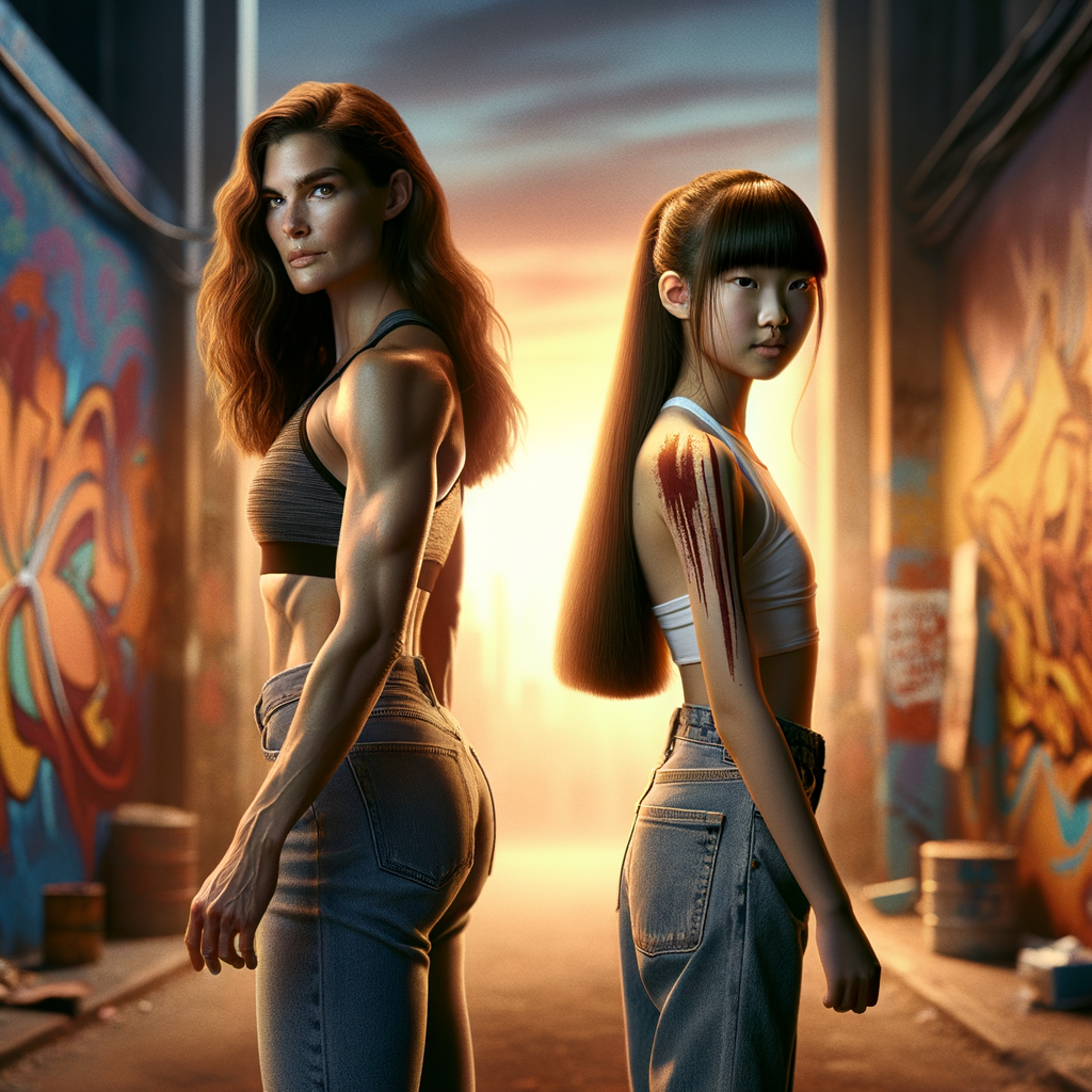 Athletic Thin skinny Attractive, Asian teenage girl, long brown hair and bangs, wearing tight skinny jeans and a halter top paint marks on her clothing, heroic pose Asian graffiti background, backside view