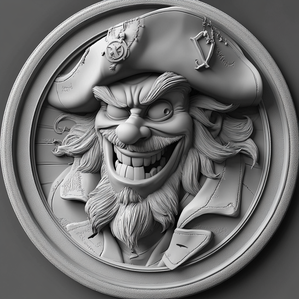 Design a high-contrast grayscale 3d bas relief of captain crunch, The composition should be circular like a coin emblem, designed for CNC routing with balanced lighting to accentuate fine details, sharp edges, and distinct textures. Employ deep shadows and strong highlights to define planes and surfaces clearly.