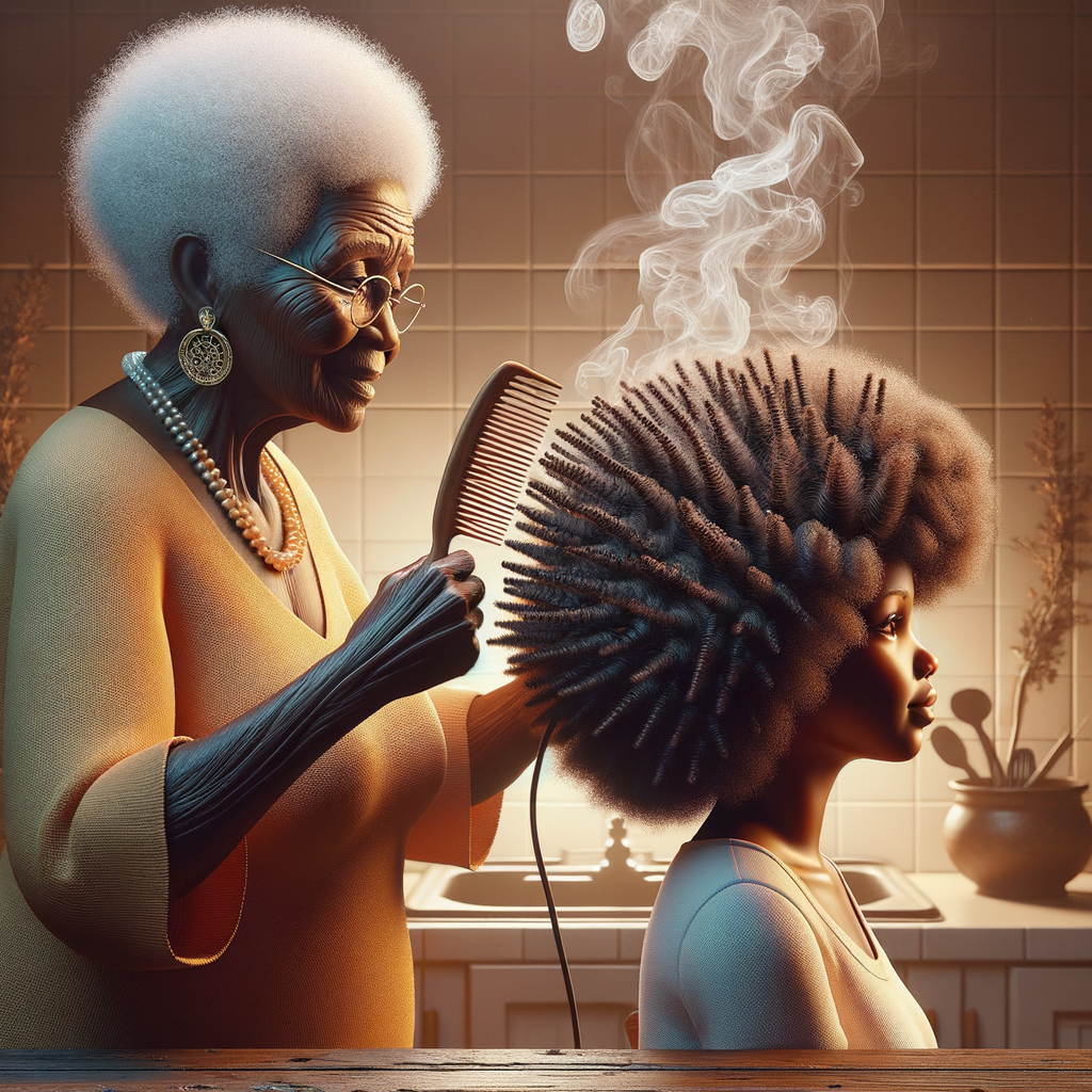 Create a realistic 3-D image of an african-American grandmother in the kitchen with her african-American granddaughter. The grandmother has a hot comb in her hair and she is straightening her granddaughters hair. One side of her granddaughters hair is in  a Afro the other is bone straight 
There is smoke coming from the hot comb