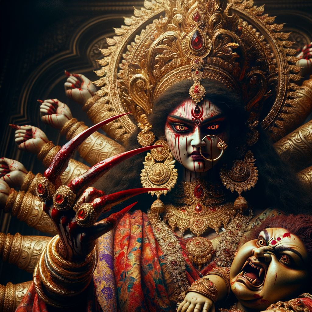 portrait of angry looking goddess durga  carrying a chubby mahishasur in her arms and poking him with her amazingly long red fingernails. She is wearing a huge gold crown, red saree, abundant  gold jewelry, covered in blood. The scene is set in ancient India. The image is 8K resolution, cinematic, ultra detailed face and epic.