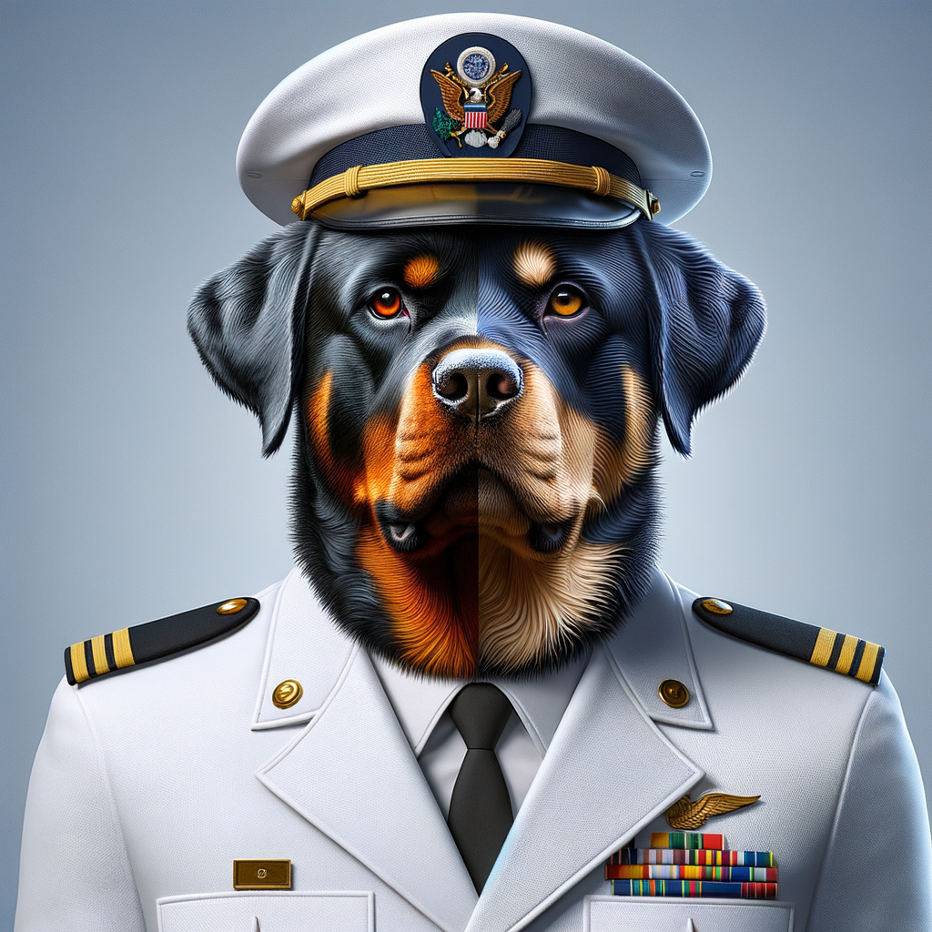 A mean Rottweiler, the Rottweiler is a US Navy officer in a white uniform, down below, spells the words BIG DAWG