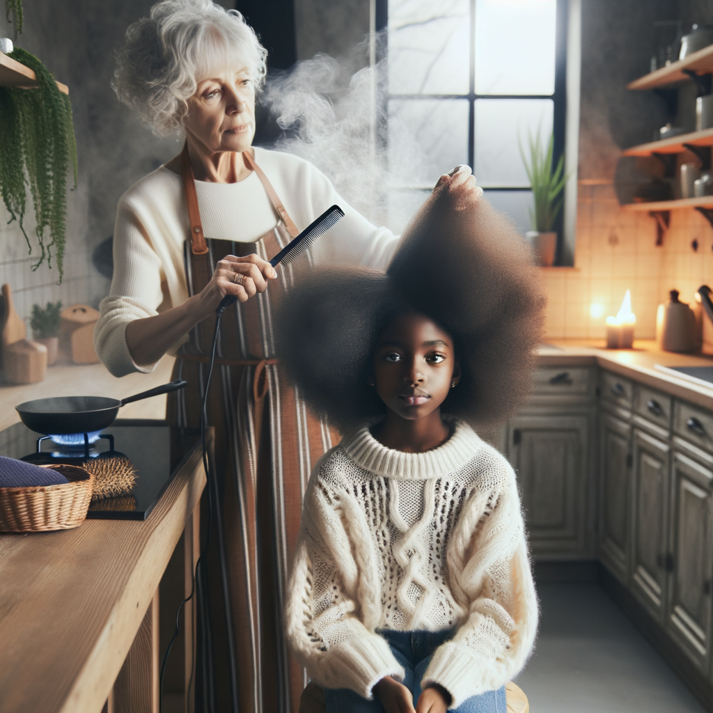 Create a realistic 3-D image of an african-American grandmother in the kitchen with her african-American granddaughter. The grandmother has a hot comb in her hair and she is straightening her granddaughters hair. One side of her granddaughters hair is in  a Afro the other is bone straight 
There is smoke coming from the hot comb