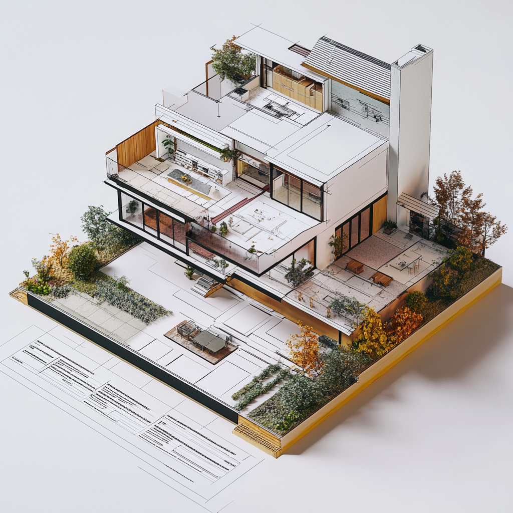 A detailed specification sheet for a 3D house with callouts and dimensions, highly technical