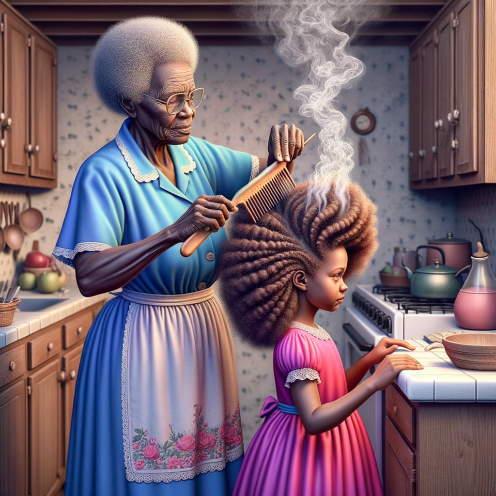 Create a realistic 3-D image of an african-American grandmother wearing a blue house dress. She is in the kitchen with her african-American granddaughter. Her granddaughter is wearing a pink dress The grandmother has a hot comb in her hand and she is straightening her granddaughters hair. One side of her granddaughters hair is in  a Afro the other straight 
There is smoke coming from the hot comb