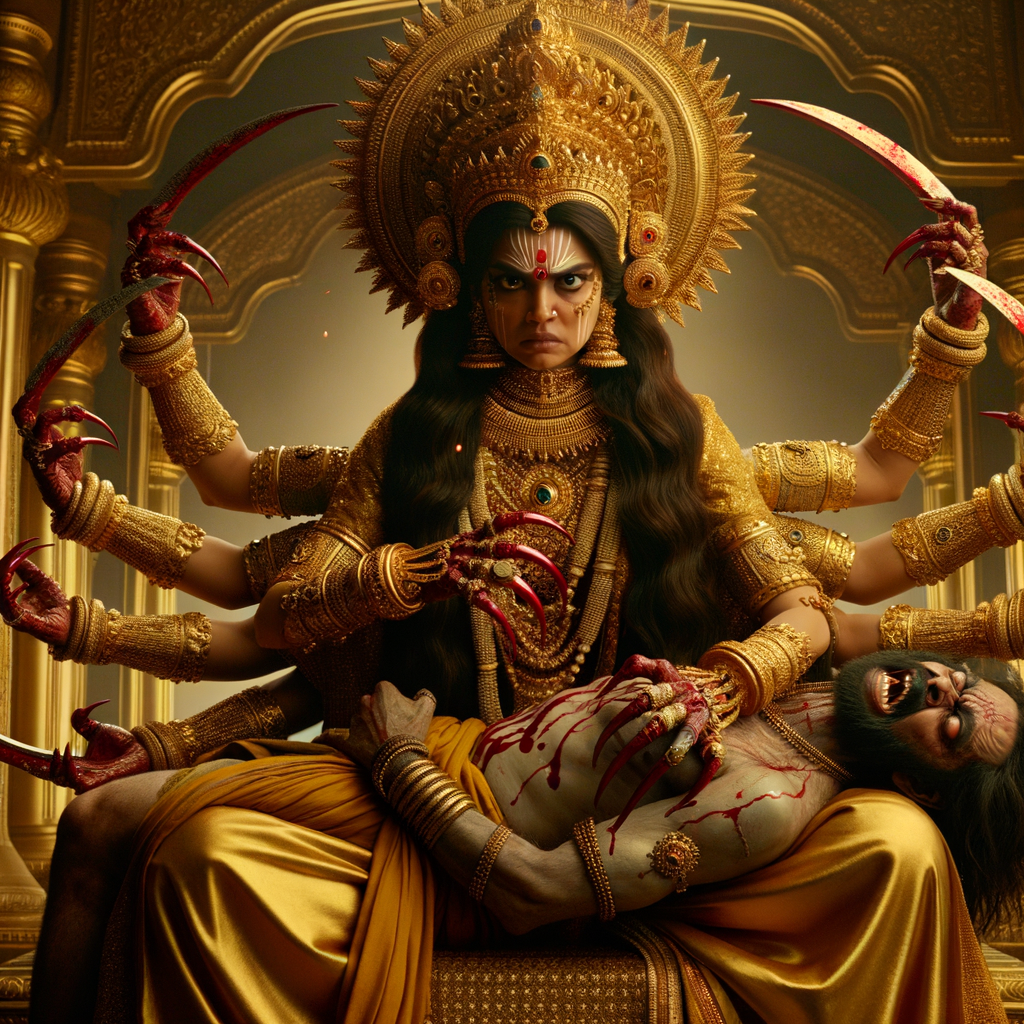 portrait of angry looking, four-armed indian goddess  sitting on a gold crown and carrying a weak mahishasur on her lap and poking his abdomen with her amazingly long red fingernails . She is wearing gold armor, a huge gold crown, gold saree, abundant  gold jewelry, covered in blood. The scene is set in ancient India. The image is 8K resolution, cinematic, photography, ultra detailed face and epic.