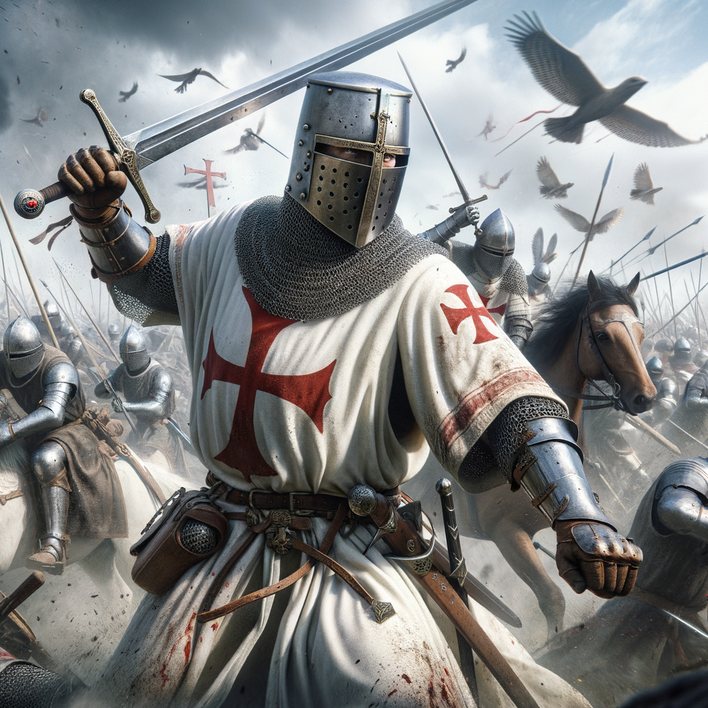 A Templar knight in a battle scene, ultra hyper photorealistic