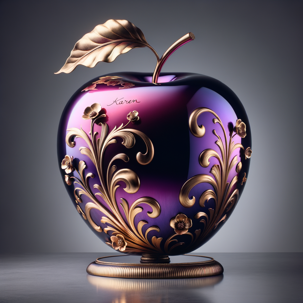 Envision a lustrous, oversized apple with a surface that gleams in a radiant shade of purple, as if lacquered to a high shine, reflecting light from its smooth, curvaceous form. The apple is adorned with elegant gold leaf patterns that swirl luxuriously around its contour, bringing a baroque opulence to its appearance. The stem, a bronzed sculpture in itself, supports a single leaf that seems to glow with an inner luminescence. At the apple’s base, a collection of flowers blooms, their petals softening the scene with organic shapes and colors that harmonize with the vibrant purple and gold. Incorporated into the metallic filigree in an artful script is the name "Karen," as if the apple were personally inscribed, enhancing the custom and bespoke quality of the piece.