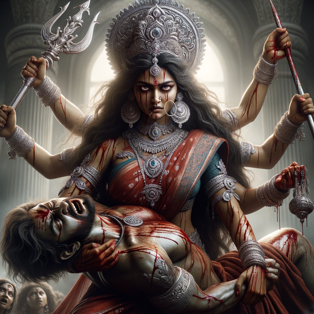 portrait of angry looking goddess durga  carrying a weak mahishasur in her two arms and stabbing him with her amazingly designed trident. She is wearing a huge silver crown, red saree, abundant silver jewelry, covered in blood. The scene is set in ancient India. The image is 8K resolution, cinematic, ultra detailed face and epic.