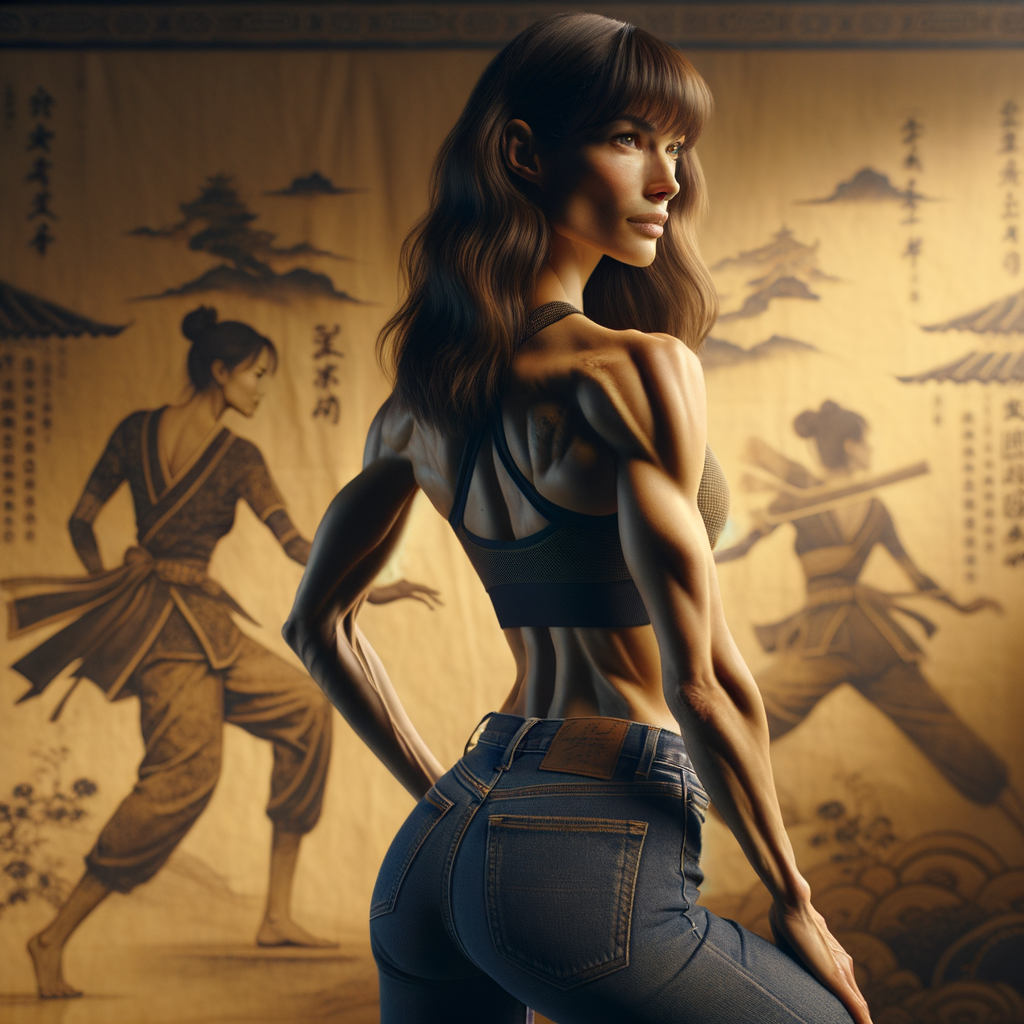 Athletic Thin skinny Attractive, Asian teenage girl, long brown hair and bangs, wearing tight skinny jeans and a halter top paint marks on her clothing, heroic pose Asian graffiti background, backside view