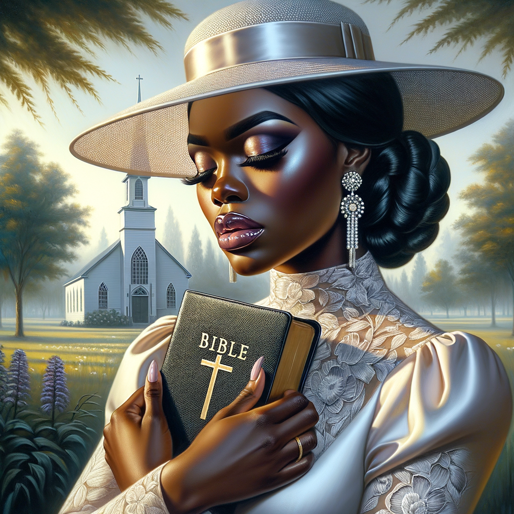 Render an airbrush oil painting of an African American woman with flawless makeup in a
contemplative pose, holding a Bible close to her heart, dressed in an elegant Sunday Best
outfit with a distinctive Church Hat. The background features a peaceful church garden,
with light filtering through the trees, highlighting her spiritual connection and the personal
moment of reflection. The artwork should capture the tranquility of the scene, the beauty
of her attire, and the depth of her contemplation, reflecting a serene and spiritually