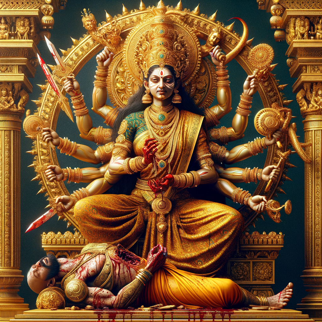 portrait of intense looking, four-armed indian goddess  sitting on a gold crown and carrying a weak mahishasur on her lap and poking his abdomen with her amazingly long red fingernails . She is wearing gold armor, a huge gold crown, gold saree, abundant  gold jewelry, covered in blood. The scene is set in ancient India. The image is 8K resolution, cinematic, photography, ultra detailed face and epic.