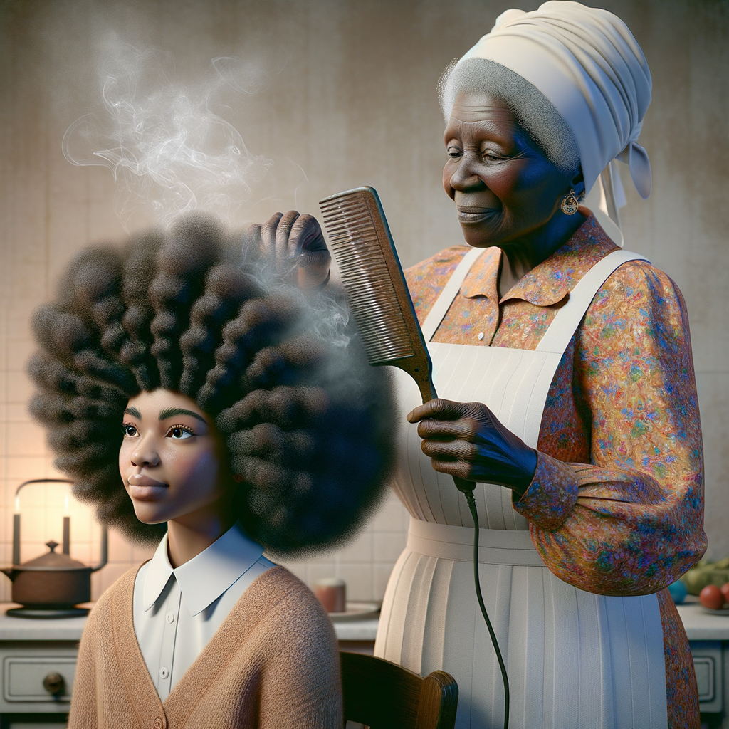 Create a realistic 3-D image of an african-American grandmother in the kitchen with her african-American granddaughter. The grandmother has a hot comb in her hair and she is straightening her granddaughters hair. One side of her granddaughters hair is in  a Afro the other is bone straight 
There is smoke coming from the hot comb