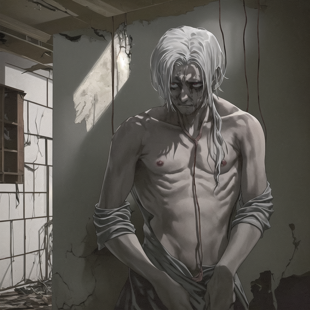 An eerie and desolate scene of an abandoned room, its walls adorned with peeling paint and dust-covered furniture. In the center of the room, a skinny elderly man is suspended from a sturdy wooden beam, his neck twisted at an unnatural angle as he hangs limply from a thick, frayed rope tied into a noose around his neck. His once-vibrant skin has taken on a pale, waxy appearance, and deep purple bruises mar his neck and face. His eyes are half-open, staring blankly into nothingness, and his long, gray hair cascades down around his shoulders like a shroud. He wears a once-elegant suit that is now torn and dirty, revealing his emaciated frame beneath. The room is dimly lit, casting eerie shadows across the man's lifeless form and the surrounding debris. A lone ray of sunlight streams through a crack in the boarded-up window, barely illuminating the grisly scene before it disappears back into darkness. The air is thick with an unsettling stillness, as if even the dust motes hesitate to stir in this haunted space.