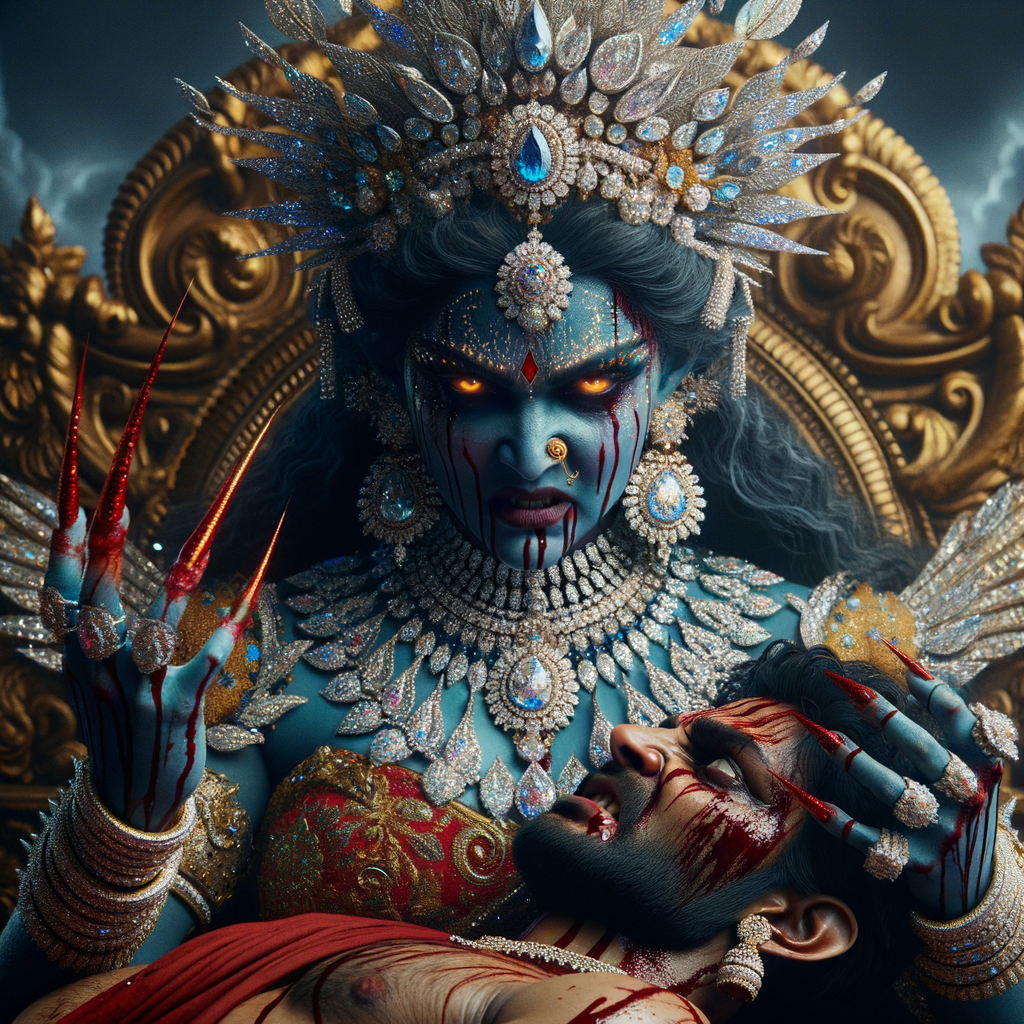 portrait of angry looking goddess kali, blue skinned, sitting on a gold crown and carrying a weak mahishasur on her lap and stabbing him with her amazing red finger nails. She is wearing diamond armor, a huge diamond crown, red saree, abundant diamond jewelry, covered in blood. The scene is set in ancient India. The image is 8K resolution, cinematic, ultra detailed face and epic.