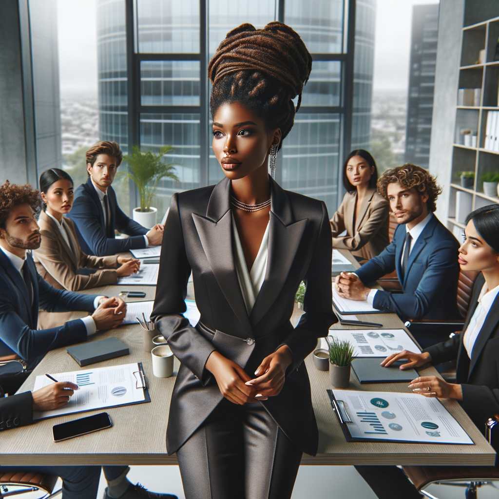 Describe a sophisticated Black woman with a caramel 
complexion, styled locs, and a sleek business suit, leading 
a boardroom discussion on environmental sustainability in 
a sleek urban office building."