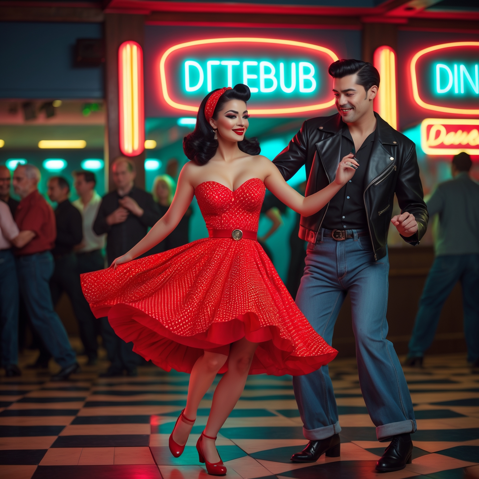 “A vibrant mid-century dance hall scene captured with a Canon EOS R5 and a 50mm f/1.2 lens. the image is focused on Dahlia Valentina fit tall supple well endowed tanned Italian American model (DahliaValentina_ai) stands in the center of a 1950s rockabilly dance, spinning in a bright red polka-dot dress with a fitted bodice and a flared skirt that lifts as she twirls. Her long wavy black hair is tied up with a matching headscarf, and she wears classic cat-eye eyeliner with a bold red lip. She dances with a charming partner dressed in a leather jacket and cuffed jeans, both caught mid-motion in a lively jitterbug step. The neon signs glow behind them, casting warm reflections on the checkered dance floor. The energy of the crowd, jukebox music, and the flickering of retro diner lights add to the nostalgic atmosphere. The composition follows dynamic angles, emphasizing movement and vintage allure.”