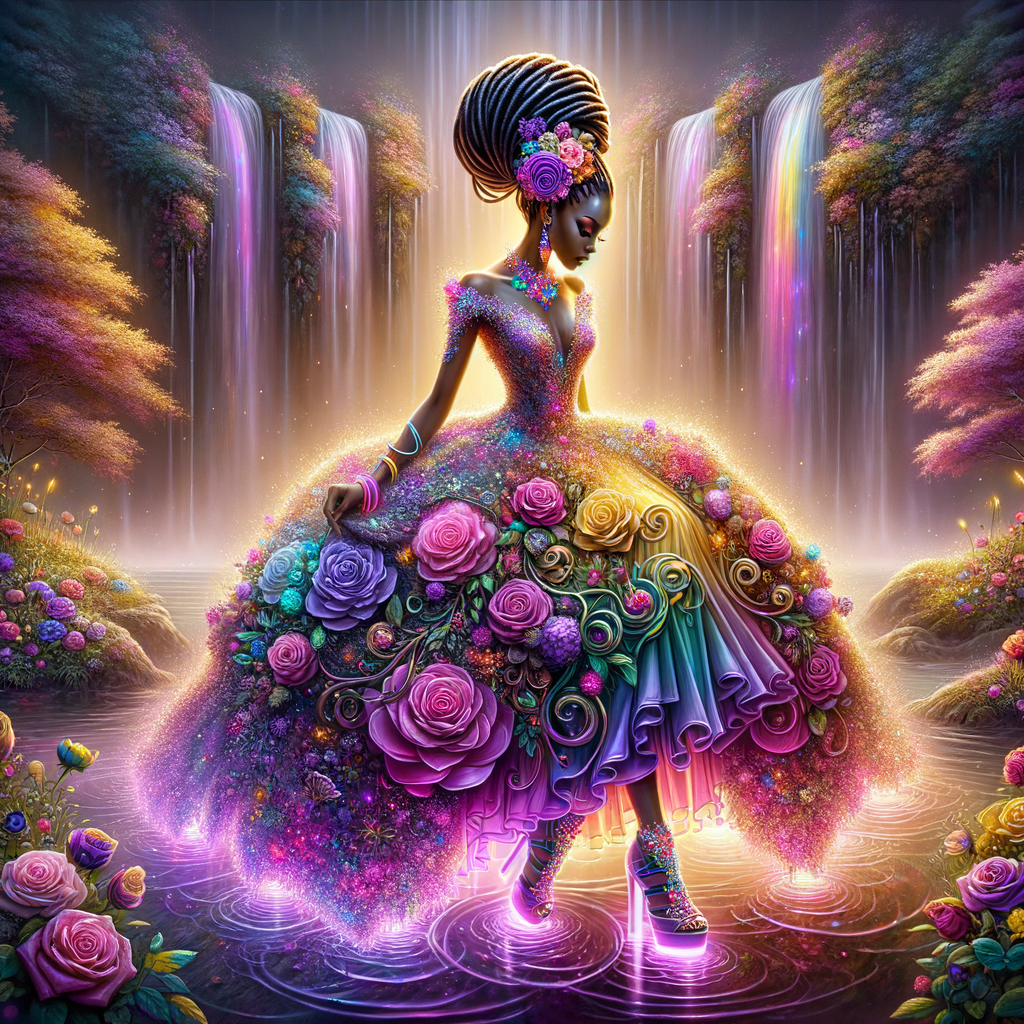 Remix Prompt
S/O Jackie Torres
S/O Panda Locke

create a animated style hyper realistic airbrush whimsical oil painting of a light African American woman wearing a flawless beautiful purple, pink, and gold blossom dress long flowing with colorful flowers and ruffles on the dress colorful jewelry made of flowers she has long black dreadlocks in a bun a colorful rose in her hair her peep toe shoes is matching her dress behind her is a beautiful waterfall liquid glowing lights beautiful colorful rainbow surrounded by beautiful roses.