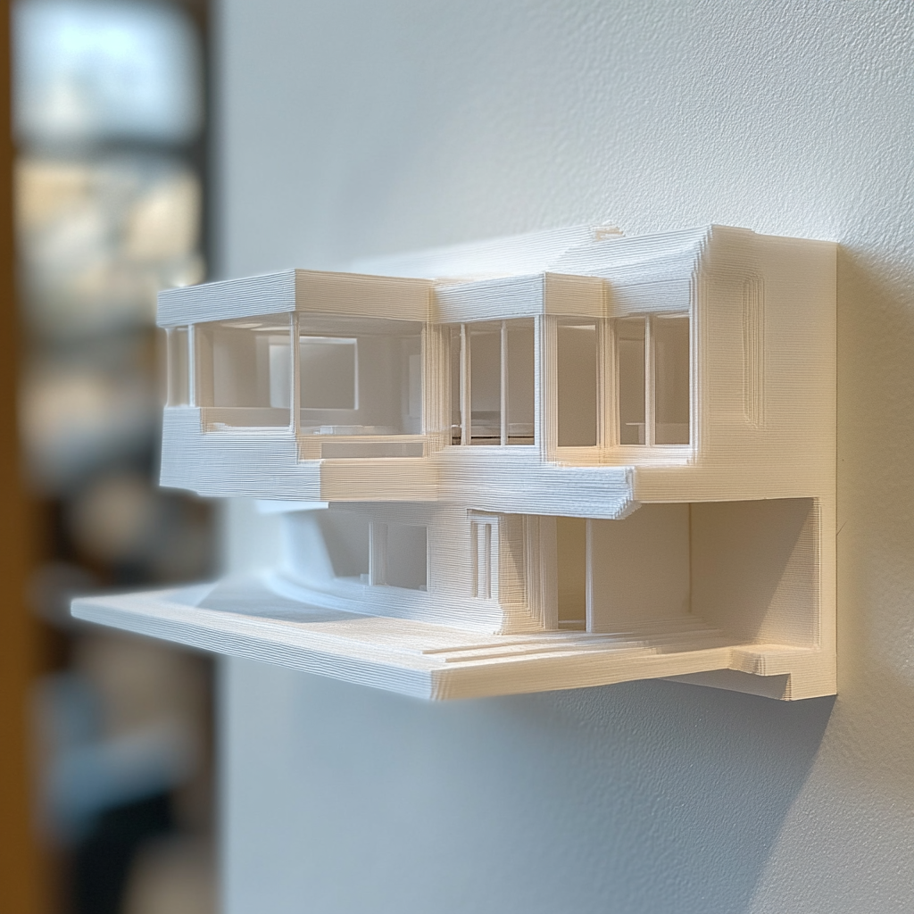 3D printed scale model of a modern house being displayed as art on a wall