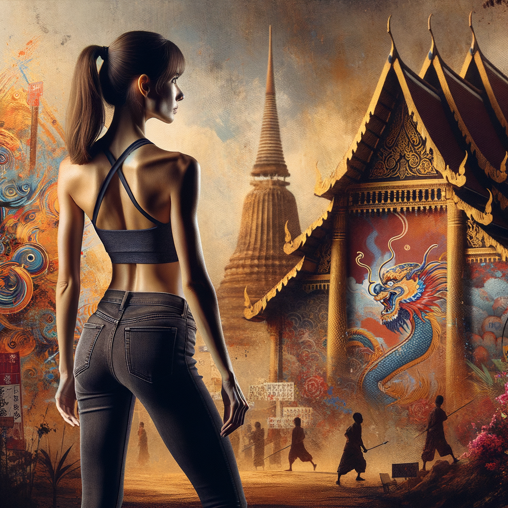 Athletic Thin skinny Attractive, Asian teenage girl, long brown hair and bangs, wearing tight skinny jeans and a halter top paint marks on her clothing, heroic pose Asian graffiti background, backside view