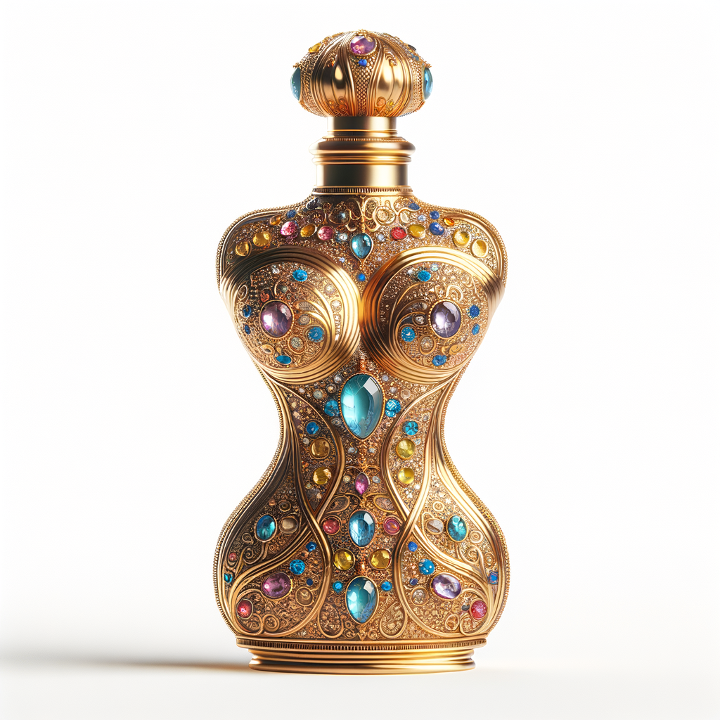 Create a 3-D realistic gold and  blue, colorful jewels perfume bottle
In the shape of a women’s body with the name Karen