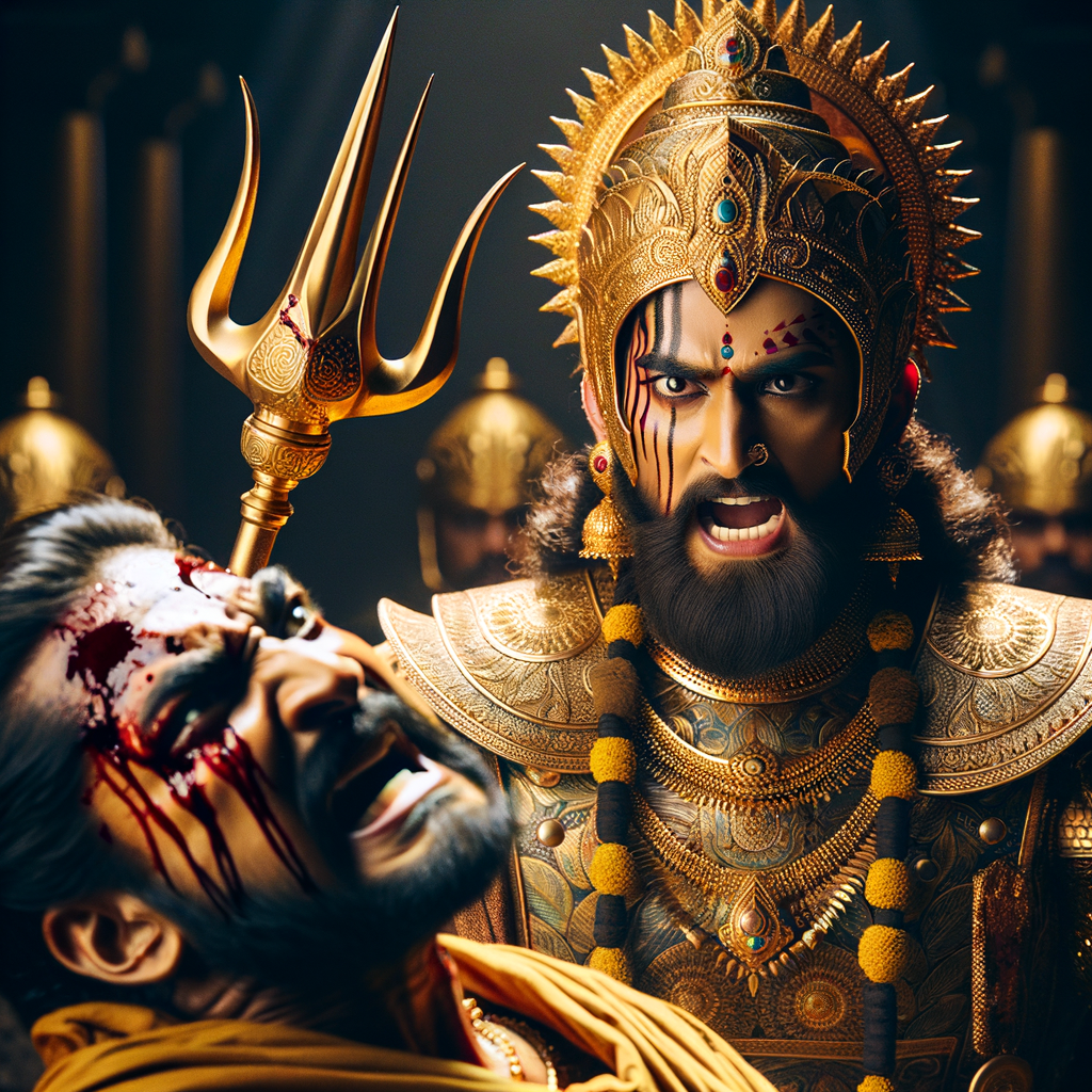 portrait of angry looking, indian goddess cosplayer straddling a defeated mahishasur, while he is lying on the ground and she stabs him with her trident. She is wearing gold armor, a huge gold crown, gold saree, abundant  gold jewelry, covered in blood. The scene is set in ancient India. The image is 8K resolution, cinematic, photography, ultra detailed face and epic.