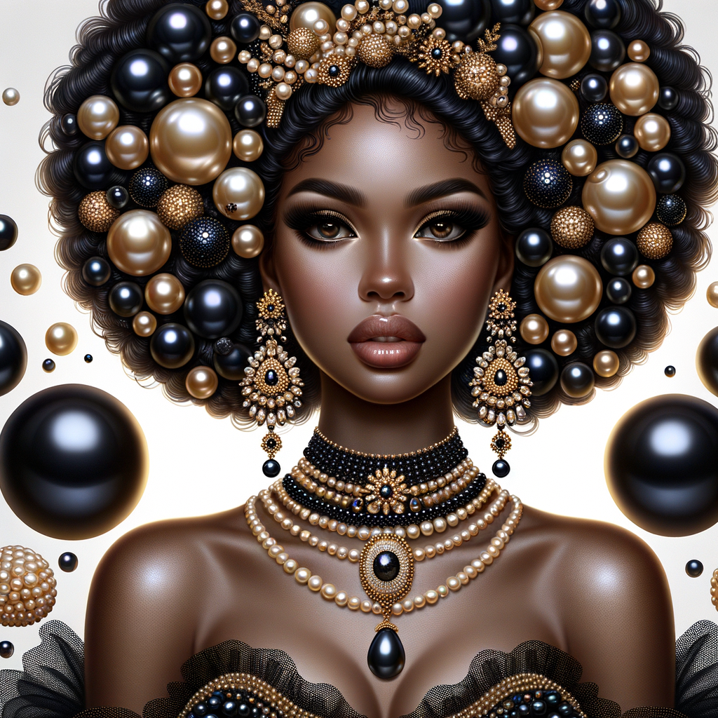 Imagine a digital portrait of a light skinned African-American Latino regal woman named KAREN Her attire and accessories are exclusively adorned with black and gold pearls. They grace her voluminous hair, styled in an elegant updo, where the black pearls form the roots and the gold pearls create the stunning curls. Her ears boast chandelier earrings, with black pearls clustered at the top, transitioning to gold pearls that dangle with delicate grace. Around her neck, a tiered necklace cascades with strands of alternating black and gold pearls, reflecting a sophisticated contrast.

Her shoulders are draped with a luxurious off-shoulder gown, the fabric's weave incorporating intricate patterns formed by black and gold pearls. The gown's texture has a subtle sheen, suggesting a high-quality material with a pearlescent finish. As a centerpiece, a grand brooch sits at her collar, with a large gold pearl surrounded by an elaborate design of smaller black pearls.

The background of the portrait features an abstract composition of floating pearls, swirling in a dance of shadows and light, emphasizing the color theme of black and gold. The name "KAREN" is discreetly integrated into the lower right corner of the artwork, blending seamlessly with the design, as if it were a signature part of the jewelry ensemble. The overall effect is one of timeless elegance, a blend of modern design and classic beauty, all tied together by the luxurious palette of black and gold.