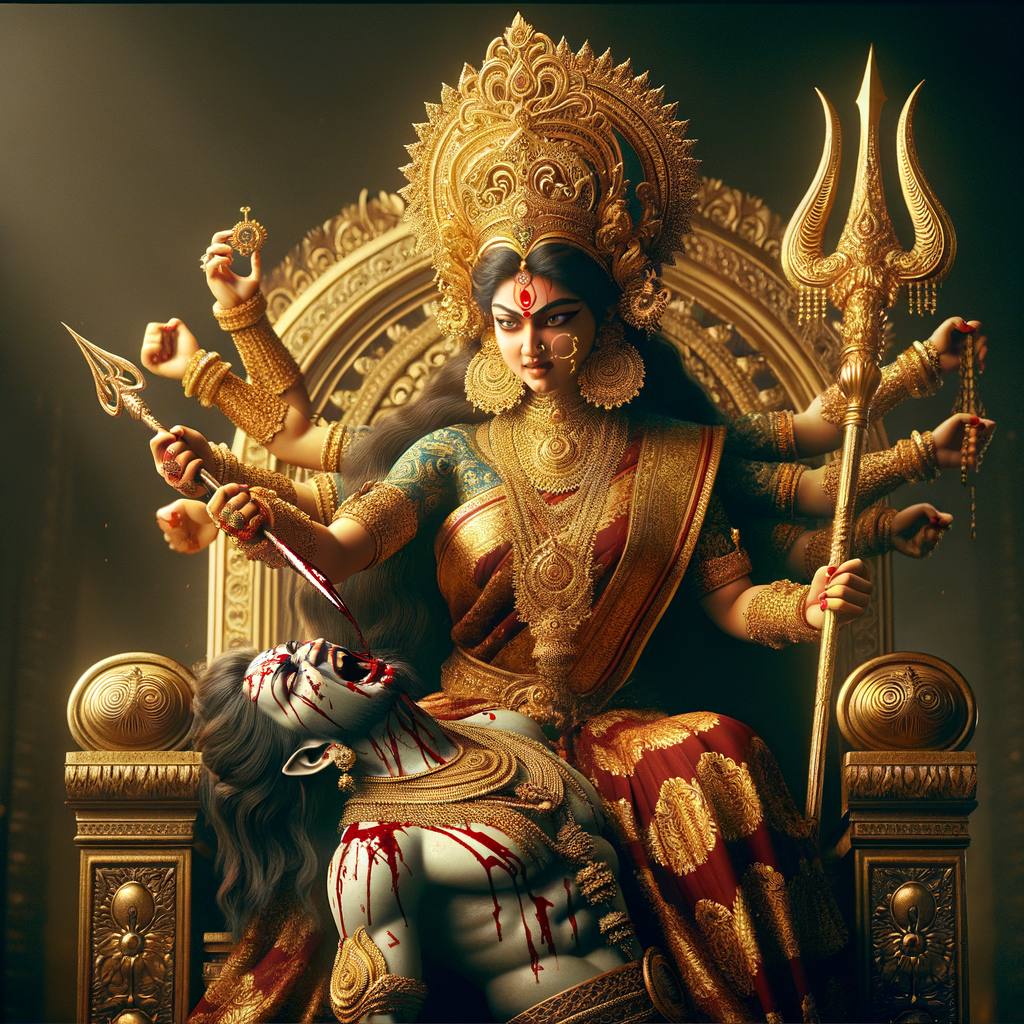 portrait of angry looking goddess durga, sitting on a gold crown and carrying a weak mahishasur on her lap and stabbing him with her amazingly designed trident. She is wearing gold armor, a huge gold crown, red saree, abundant gold jewelry, covered in blood. The scene is set in ancient India. The image is 8K resolution, cinematic, ultra detailed face and epic.