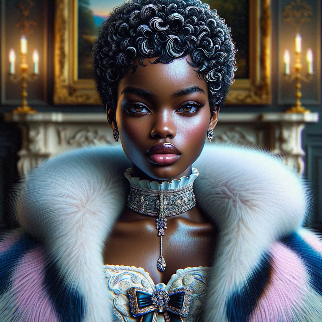 a full body veiw of a colorful gloss hyper realistic oil painting of a regal beautiful light skinned afro  American girlwith beautiful pixie cut one side of hair is black and the other side  of her hair white slick baby hair and furry white and pink and blue furry coat and outfit under the coat standing in living room with fireplace