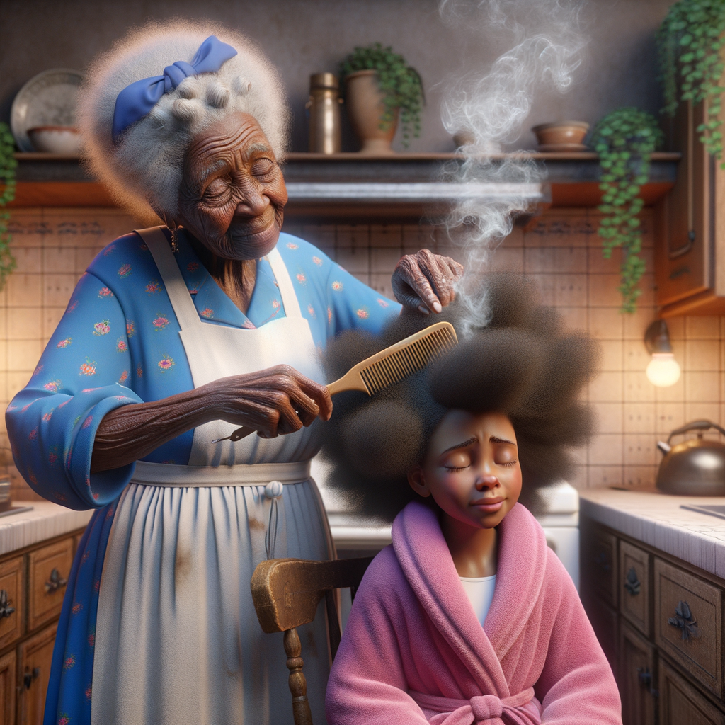 Create a realistic 3-D image of an african-American grandmother wearing a blue house dress and a white apron . She is in the kitchen with her african-American granddaughter. Her granddaughter is wearing a pink bath robe. The grandmother has a hot comb in her hand and she is straightening her granddaughters hair. One side of her granddaughters hair is in  a Afro the other straight 
There is smoke coming from the hot comb
The granddaughter is making a face