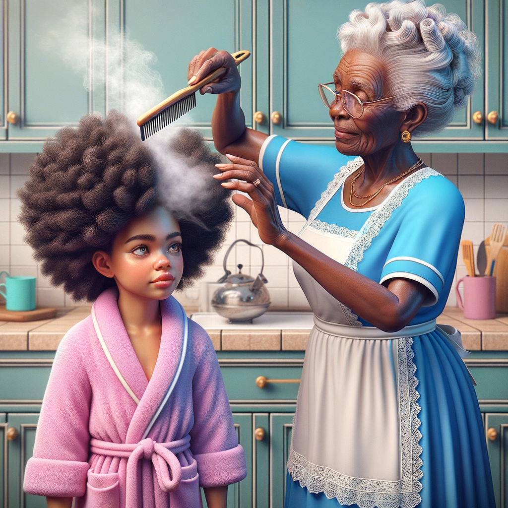 Create a realistic 3-D image of an african-American grandmother wearing a blue house dress and a white apron . She is in the kitchen with her african-American granddaughter. Her granddaughter is wearing a pink bath robe. The grandmother has a hot comb in her hand and she is straightening her granddaughters hair. One side of her granddaughters hair is in  a Afro the other straight 
There is smoke coming from the hot comb
The granddaughter is making a face