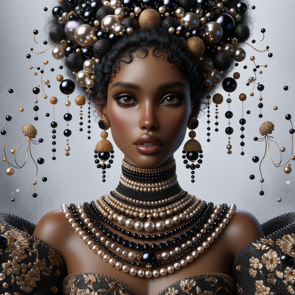 Imagine a digital portrait of a light skinned African-American Latino regal woman named KAREN Her attire and accessories are exclusively adorned with black and gold pearls. They grace her voluminous hair, styled in an elegant updo, where the black pearls form the roots and the gold pearls create the stunning curls. Her ears boast chandelier earrings, with black pearls clustered at the top, transitioning to gold pearls that dangle with delicate grace. Around her neck, a tiered necklace cascades with strands of alternating black and gold pearls, reflecting a sophisticated contrast.

Her shoulders are draped with a luxurious off-shoulder gown, the fabric's weave incorporating intricate patterns formed by black and gold pearls. The gown's texture has a subtle sheen, suggesting a high-quality material with a pearlescent finish. As a centerpiece, a grand brooch sits at her collar, with a large gold pearl surrounded by an elaborate design of smaller black pearls.

The background of the portrait features an abstract composition of floating pearls, swirling in a dance of shadows and light, emphasizing the color theme of black and gold. The name "KAREN" is discreetly integrated into the lower right corner of the artwork, blending seamlessly with the design, as if it were a signature part of the jewelry ensemble. The overall effect is one of timeless elegance, a blend of modern design and classic beauty, all tied together by the luxurious palette of black and gold.