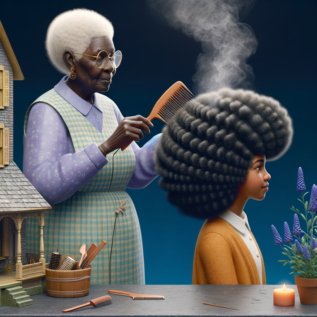 Create a realistic 3-D image of an african-American grandmother in the kitchen with her african-American granddaughter. The grandmother has a hot comb in her hair and she is straightening her granddaughters hair. One side of her granddaughters hair is in  a Afro the other is bone straight 
There is smoke coming from the hot comb