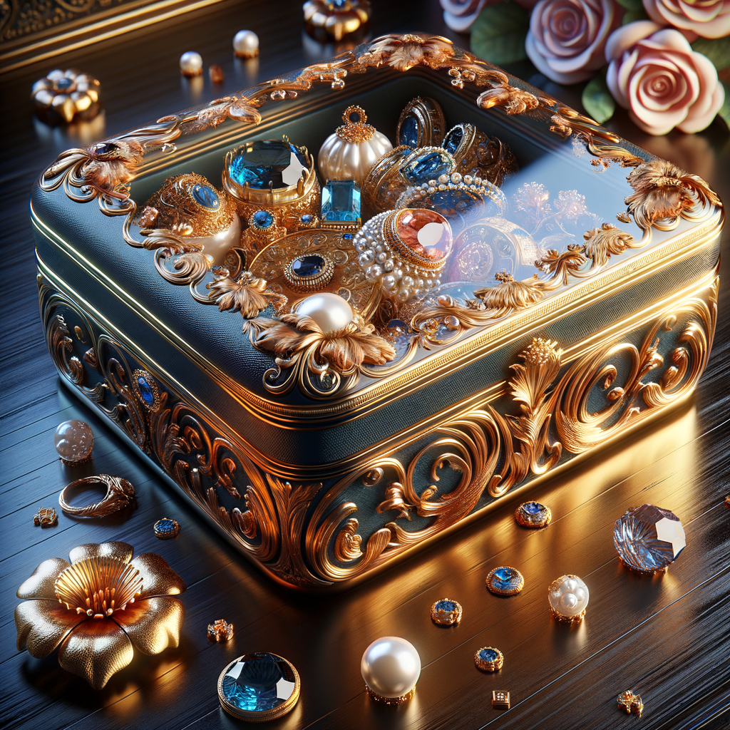 Create an image of an ornate jewelry box richly detailed with golden swirls and floral motifs, with no items on the top. Inside the box lies a collection of exquisite jewelry, each piece featuring vibrant blue gemstones set amongst pearls and golden accents. This treasure is placed on a dark wooden surface, subtly reflecting the luster of the gems. Around the box, there are loose gemstones, a golden flower, and soft pink roses in the blurred background, contributing to the elegant ambiance. The name 'Karen' is elegantly inscribed above the jewelry box, adding a personalized touch to the scene.