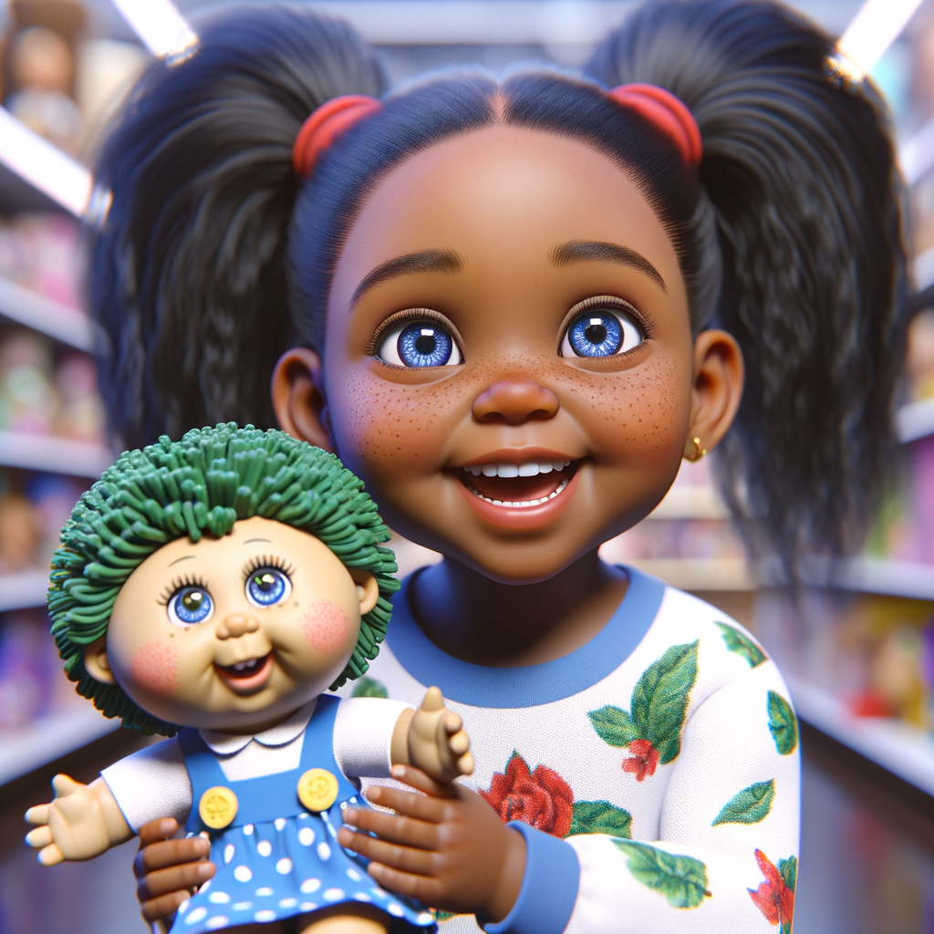 Create a 3-D realistic African-American little girl with huge blue eyes and long ponytails She is playing in her Favorite toy store with her favorite cabbage patch doll the cabbage patch now resembles her. It has very deep, dimples and Freckles