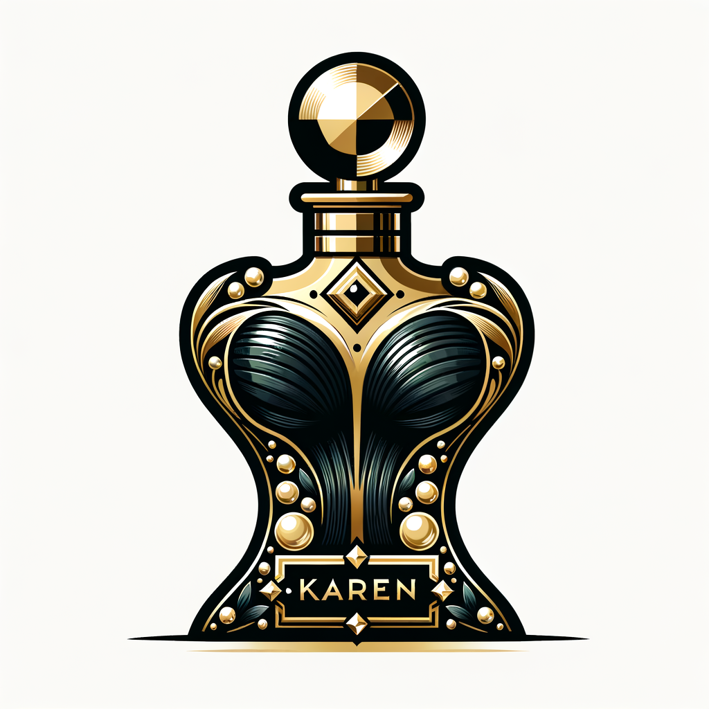 Design a fancy, black and gold bottle of perfume in the shape of a woman’s body. With a golden diamond top, flowers pearls and Diamonds in the name, Karen