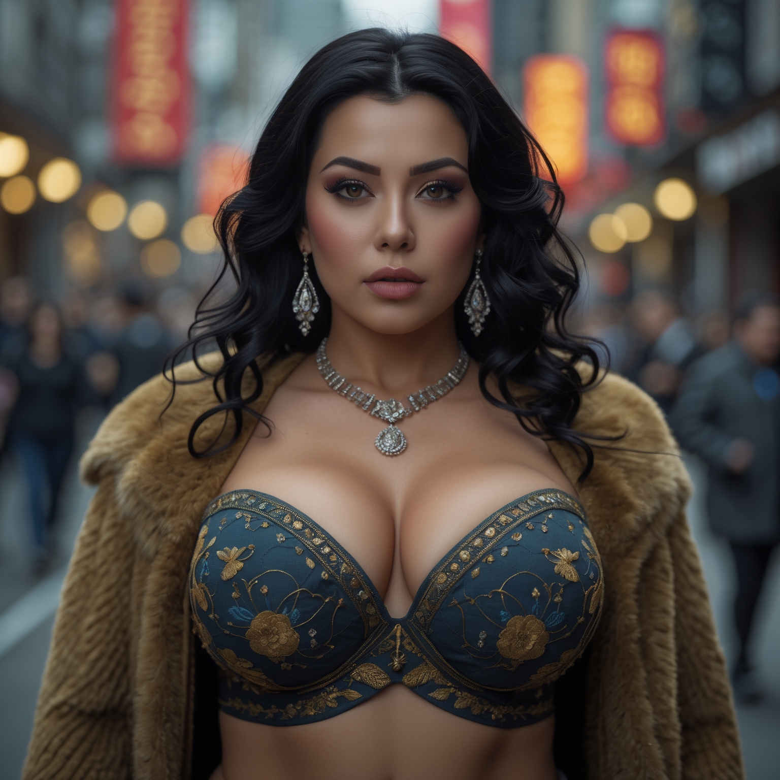 Create a curvy and very busty woman of Ashkenazi, German, English, Scottish, irish, Dutch, Swiss,Nordic, Chinese, Persian, bengali, Korean, Thai, Filipino and Japanese ancestry. Endow her with great intelligence and allure.